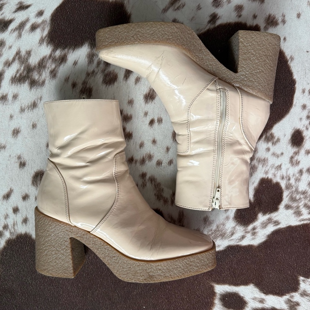 Urban Outfitters Cream Heeled Boots with Chunky Block Heel